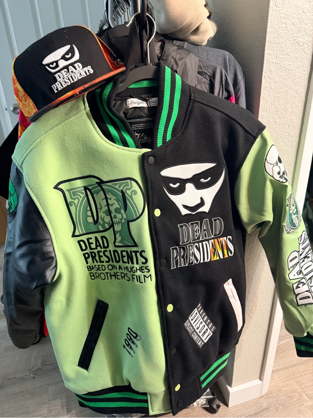 Nostalgia Black & Green Dead Presidents Varsity Jacket with DP fitted hat